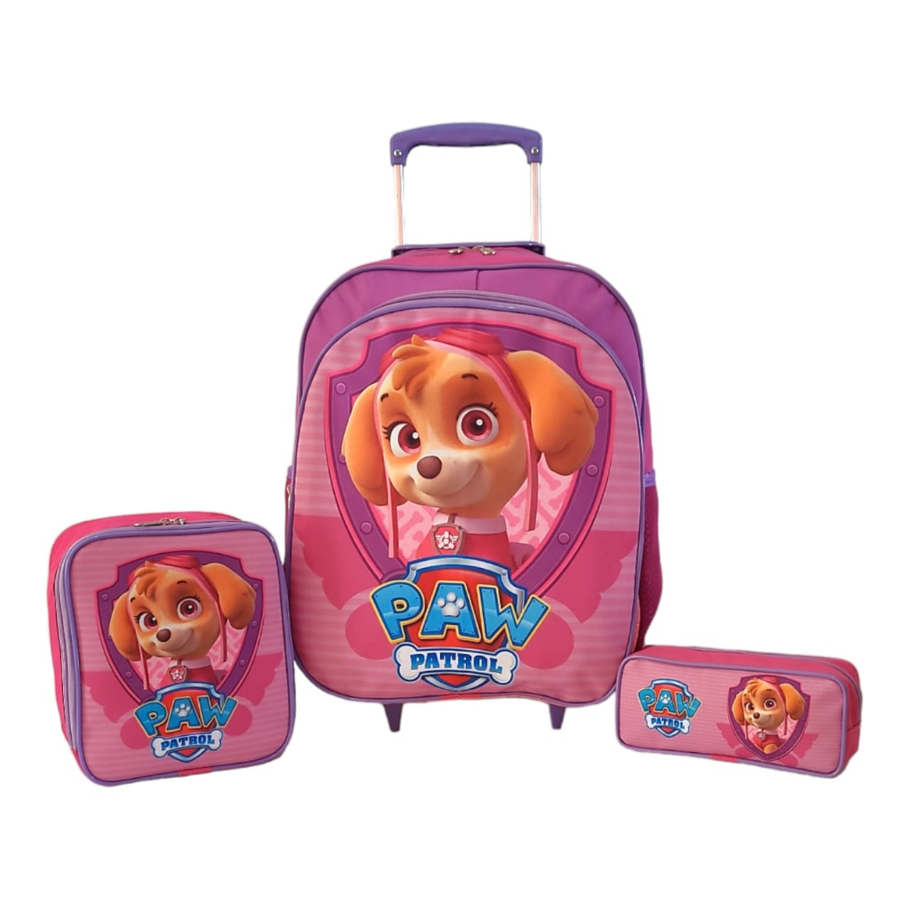 Kit Mochila Infantil Escolar De Rodinhas Skye Turma Da Patrulha Canina Rosa Tam G + Lancheira E Estojo