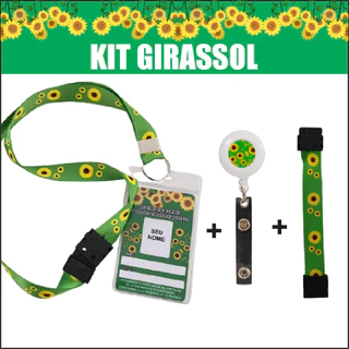 Kit Girassol Crachá + Cordão + Roller clip + Pulseira + porta crachá