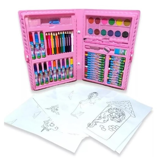 Estojo De Pintura Com 98 Peças Para Meninas Kit Escolar Rosa 98 Peças  Estojo Maleta Pintura Desenhar