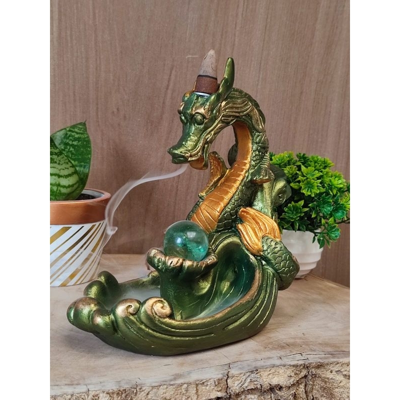 Incensário Cascata Dragão Verde Metálico com Bronze