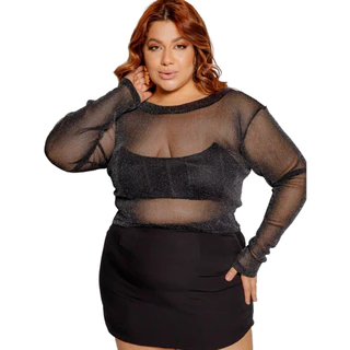 Cropped Blusinha Tule Lurex Brilho Plus Size Segunda Pele Tamanho Grande - Vick