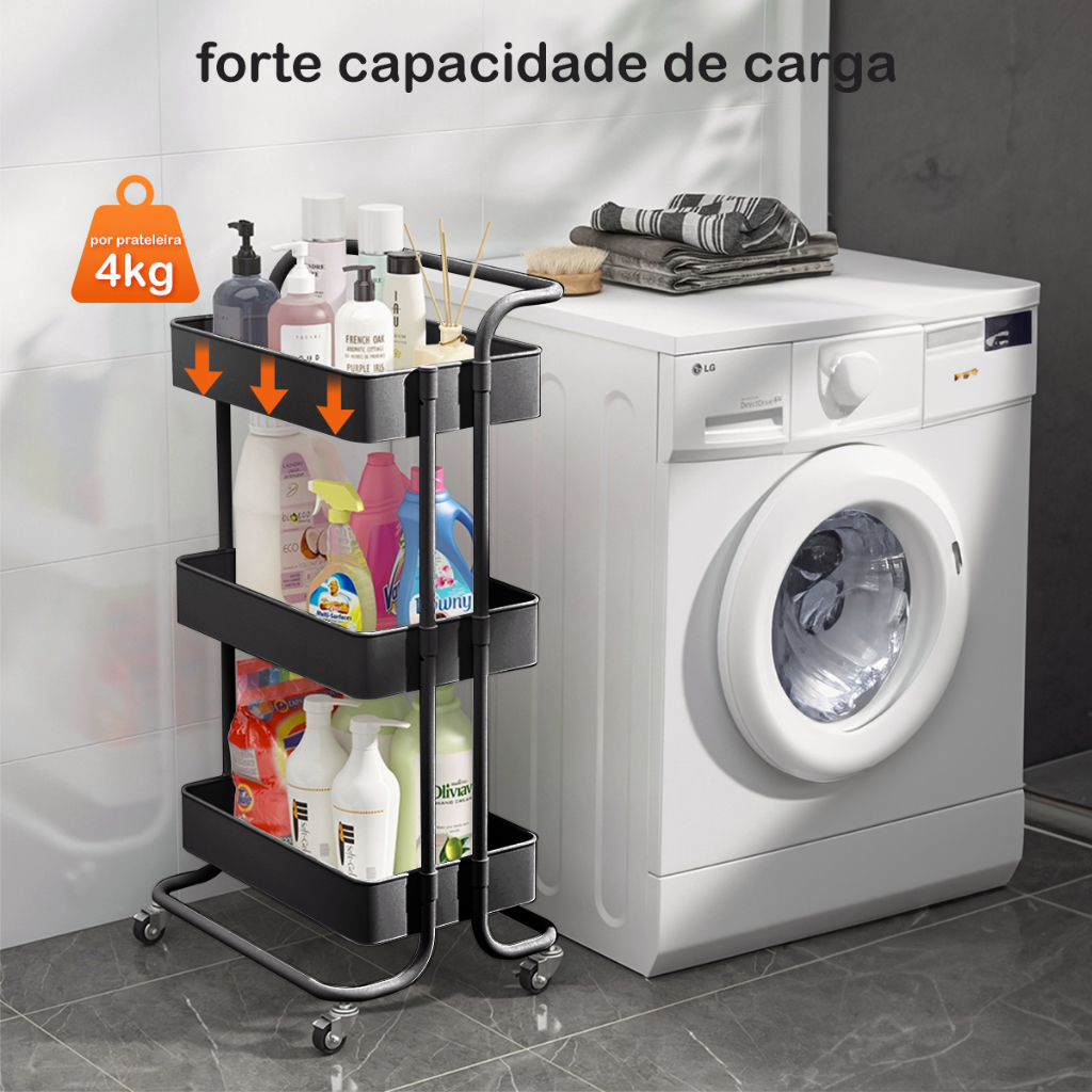 Carrinho Organizador Multiuso 3 Prateleiras Preto Aço