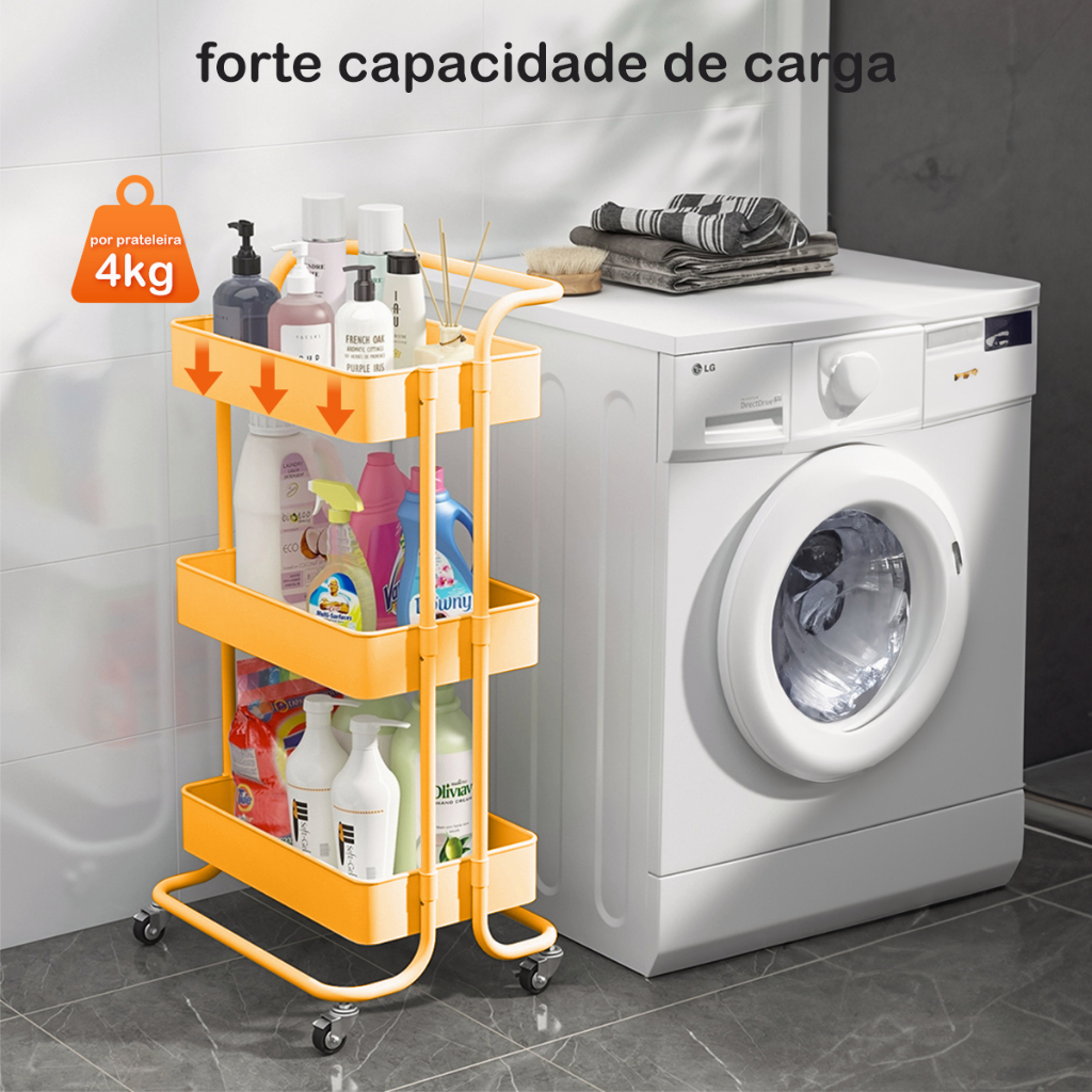 CARRINHO MULTIUSO ORGANIZADOR 3 PRATELEIRAS Amarelo C/ RODAS