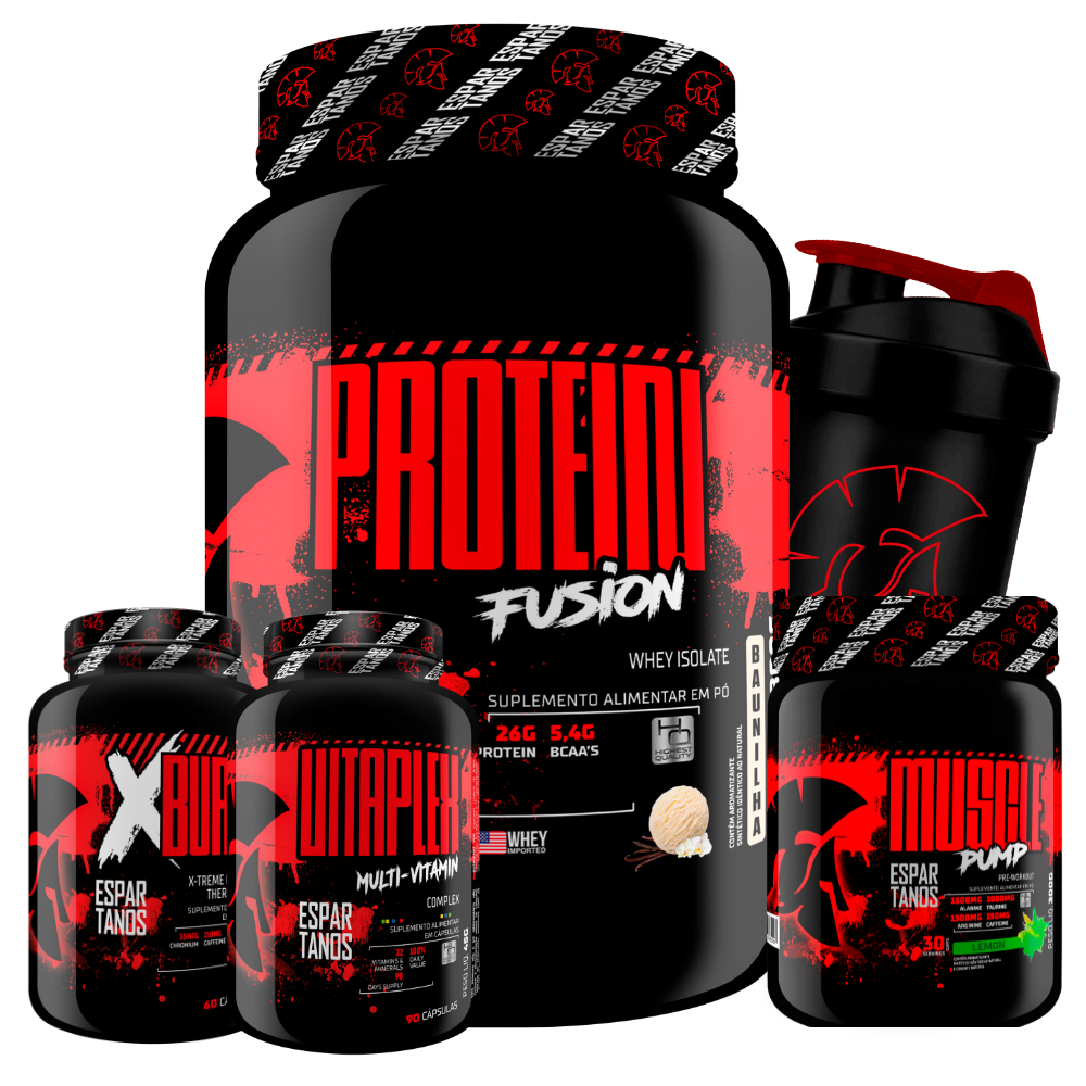 Combo Whey Protein Fusion + Pré Treino + Termogênico + Vit + Shaker – Espartanos