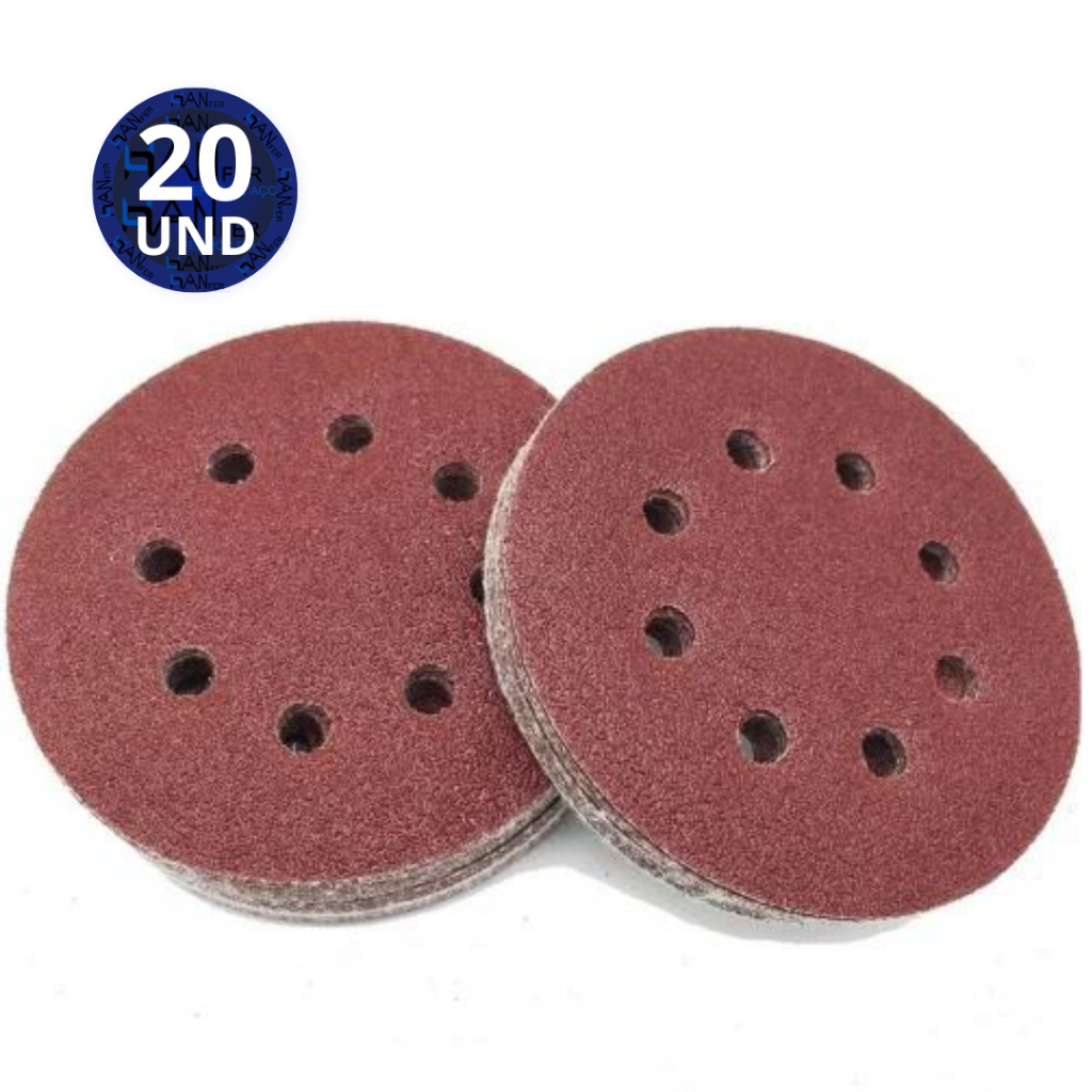 Kit 20 Disco Lixa Velcro 125mm 8 Furos para Madeira Ferro Massa Metal e ...