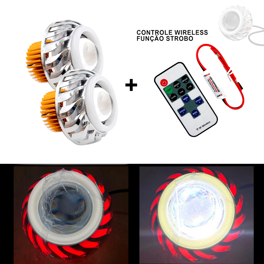 PAR Farol projetor angel eyes vermelho e branco led H7 H11 HB4 HB3 UNIVERSAL + CONTROLE strobo