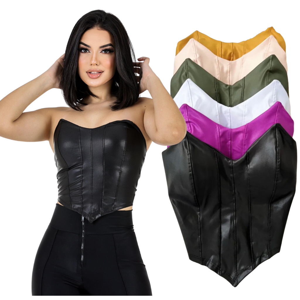 Cropped Feminino Morcego Preto Corset Couro Fake Corselet Courino Top Tomara Que Caia Com Bojo