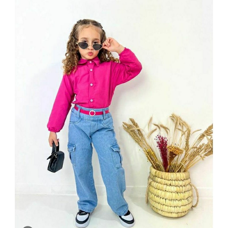 Conjunto Infantil Feminino Cor Única Gola Redonda Manga Longa + Calça Jeans  Rasgado Para Primavera Outono 2-7 Anos