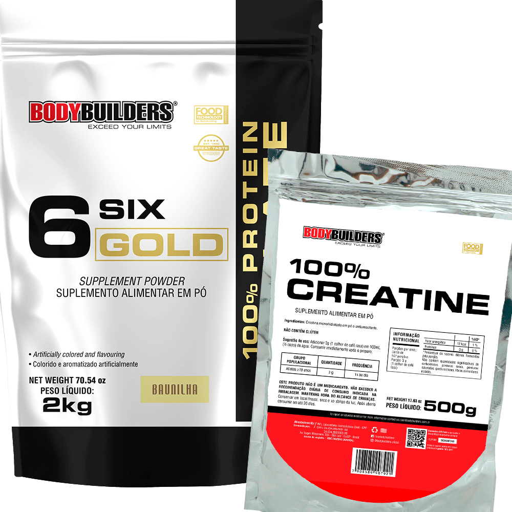 Kit Whey Protein Isolado Six Gold 2kg + Creatina 100% Pura 500g – Ganho de Massa Muscular Magra – Bodybuilders