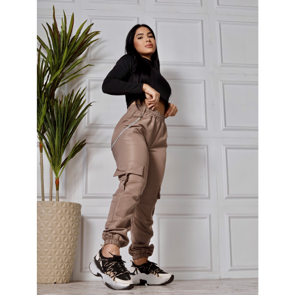 Calça Jogger Jeans Cargo Feminina