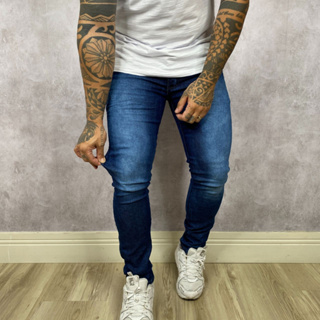 Calça Masculina Jeans Escuro Com Pistolado