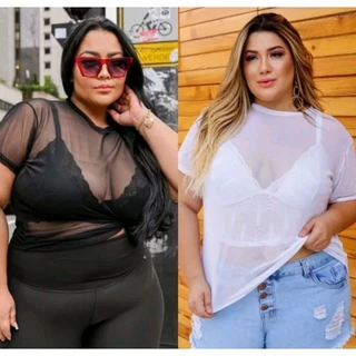 Kit 2 T-shirts De Tule Transparente Manga Curta Plus Size Blusinha Preta e Branca Verão