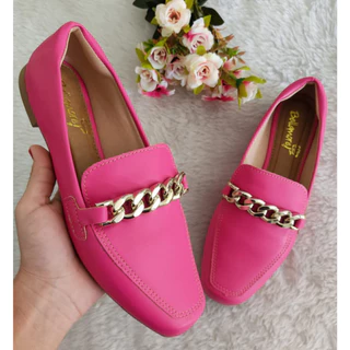 Sapato Feminino Mocassim Com Corrente Onça Pelo, Off White, Preto, Antique, Pink Ref:4706