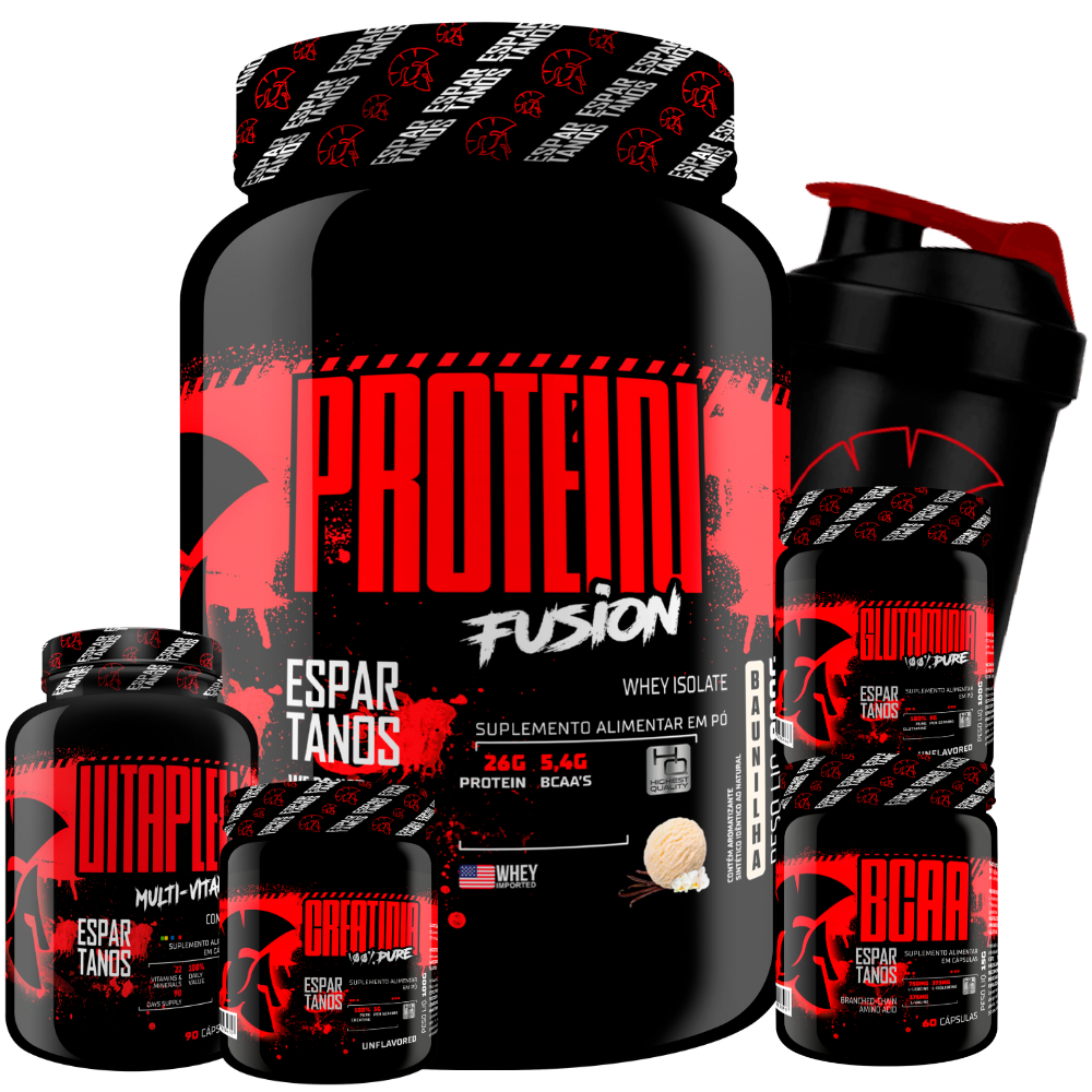 Whey Protein Fusion + Bcaa + Crea + Gluta + Multi-Vitaminico + Copo – Espartanos