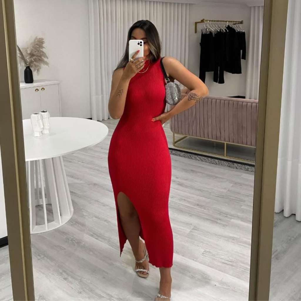 Vestido midi em modal Lauren- Vermelho