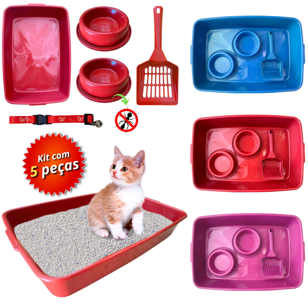 Kit caixa de de areia para gatos higiênico com pá comedouro bebedouro banheira coleira sanitário