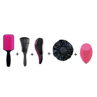 Kit Escova Raquete + Escova Polvo + Escova Magica + Touca Cetim + Esponja Chanfrada