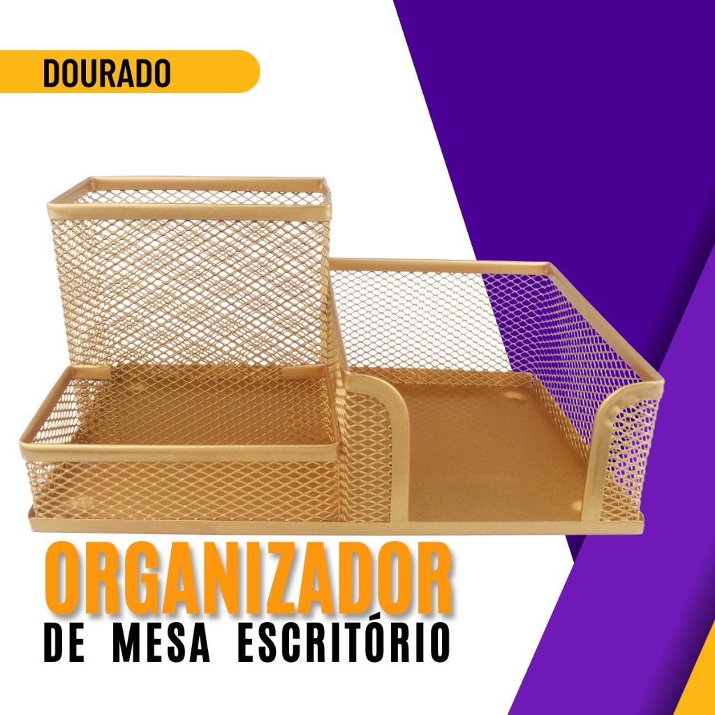 Kit Organizador de Mesa Escritório Porta Caneta Lapis Porta Treco 𝗗𝗼𝘂𝗿𝗮𝗱𝗼 𝗢𝘂𝗿𝗼 com 3 Partições