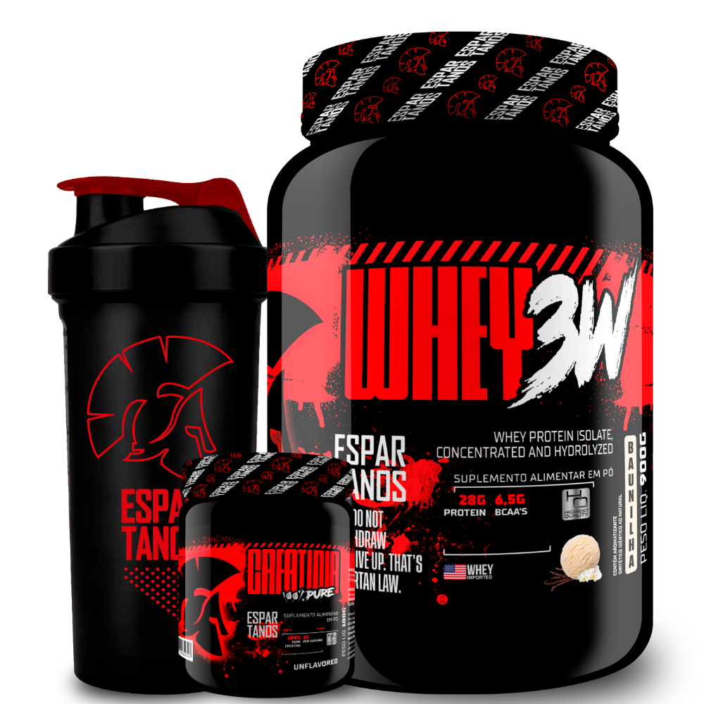 Kit Whey Protein 3W 900g + Creatina 100g + Coqueteleira – Espartanos