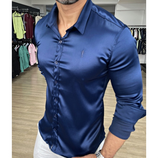 Camisa cetim slim fit zip-off azul marinho