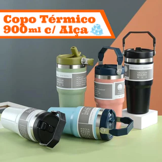 Garrafa Térmica 900ML Com Alça Flip Tumbl Aço Inoxidável Isolamento Térmico Com Canudo P/ Academia Trabalho Caminhada