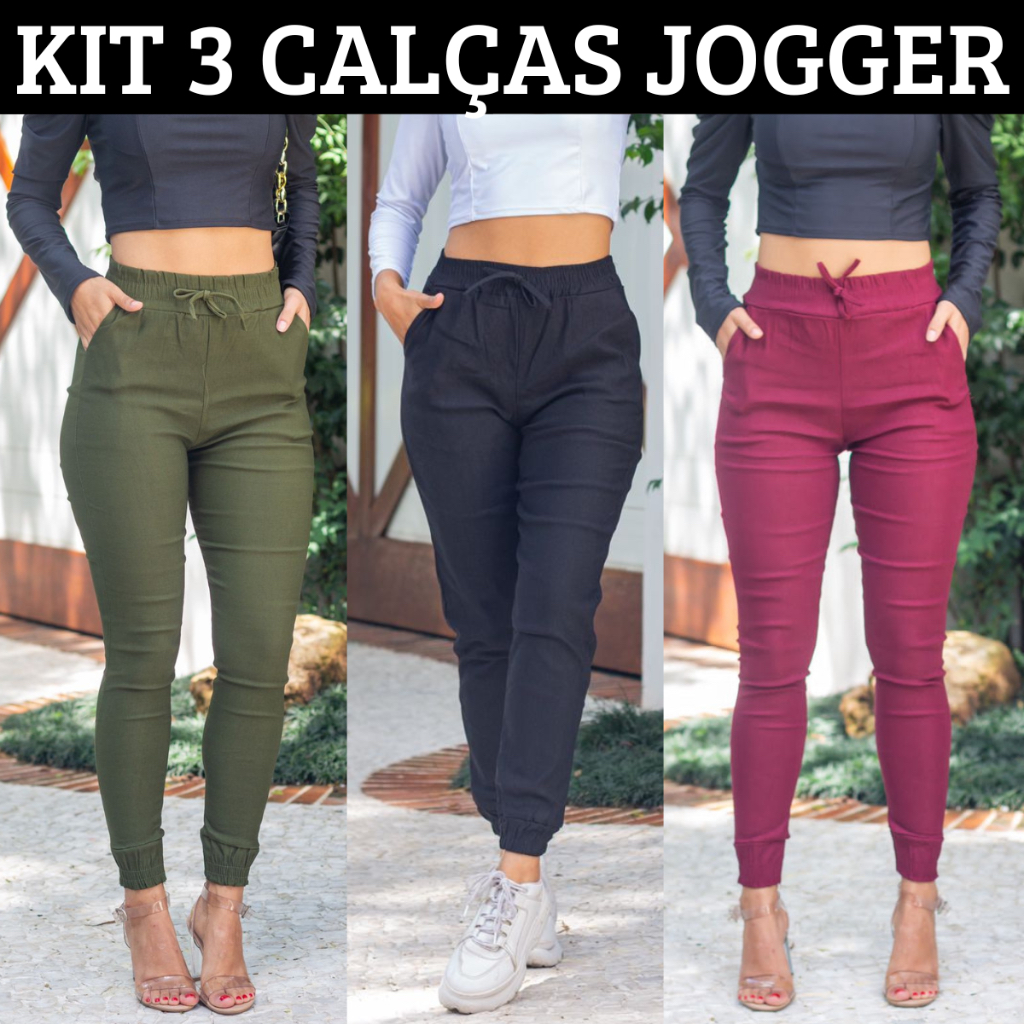 Kit 3 Calças Jogger Feminina Tecido Liso Bengaline Preto,Verde