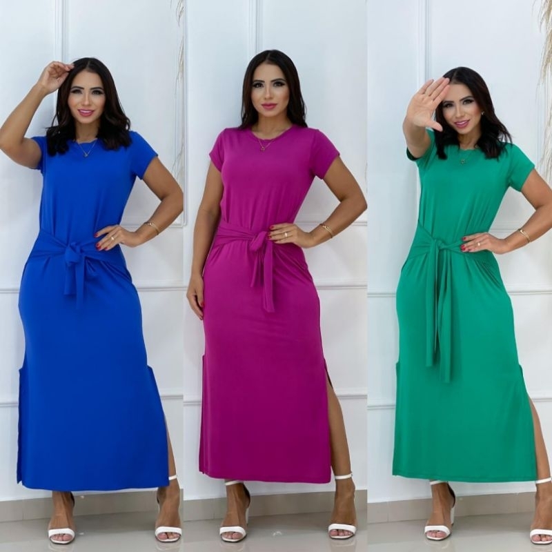 vestido longo de amarrar na cintura visco laycra | Shopee Brasil