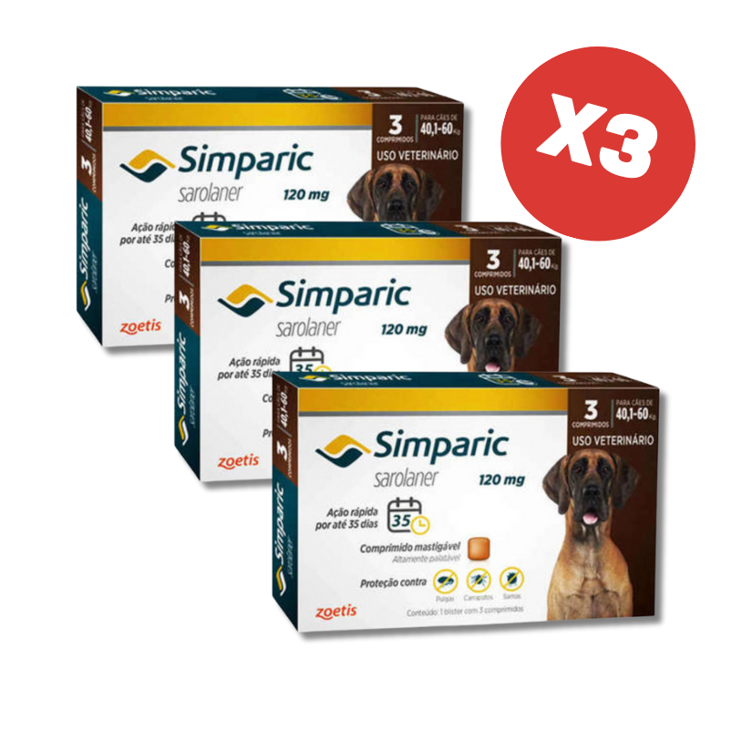 Kit 3 Simparic Antipulgas para Cães de 40,1 a 60kg 3 Comprimidos Zoetis ...