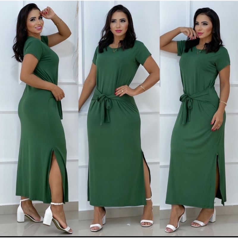vestido longo de amarrar na cintura visco laycra | Shopee Brasil
