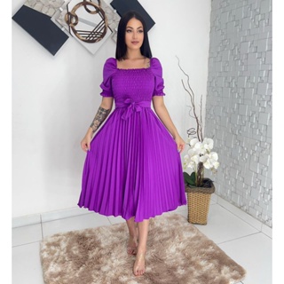 Vestido Midi Feminino De Manga Curto Plissada lisa 0543
