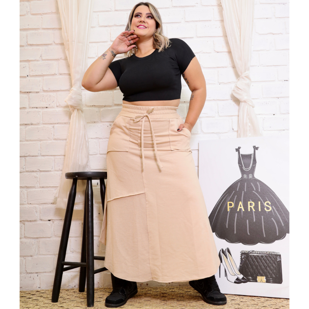 Saia longa de hot sale linho plus size