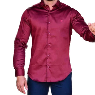 Camisa Acetinada Social Slim Fit Luxo Algodão 100% Manga Longa Masculina