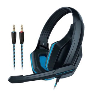 Fone de Ouvido Headset Headphone Gamer Preto Azul com fio P2 Duplo Estéreo Cabo Nylon Ajuste de Volume para Pc Notebook