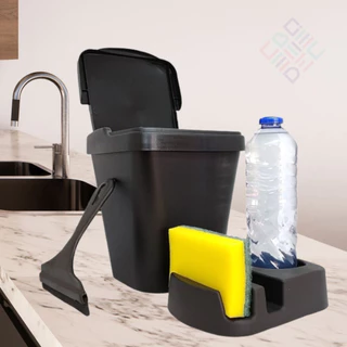 Conjunto Kit Pia 3 Peças Lixeira 4,8L Porta Detergente Esponja Bucha Sabão Rodo Rodinho Organizador Cozinha Area Gourmet Banheiro