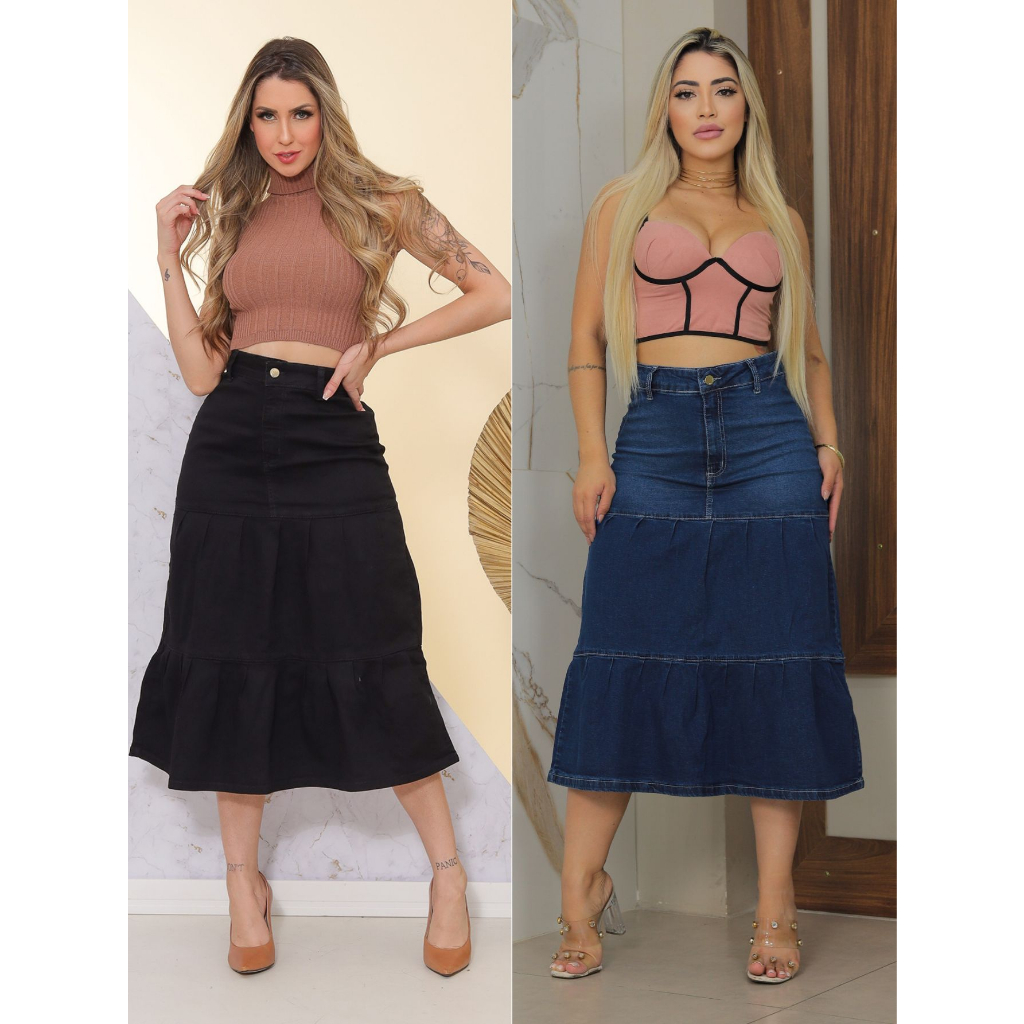 Saia Midi Jeans 3 Marias Com Lycra Moda Evangélica Cristã Peplum