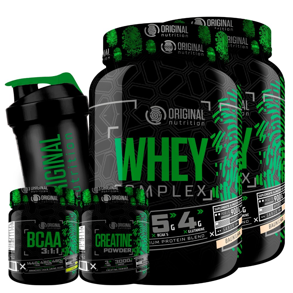 KIT 2x Whey Protein Complex 900g + BCAA 100g + Creatina 100g + Coqueteleira – Original