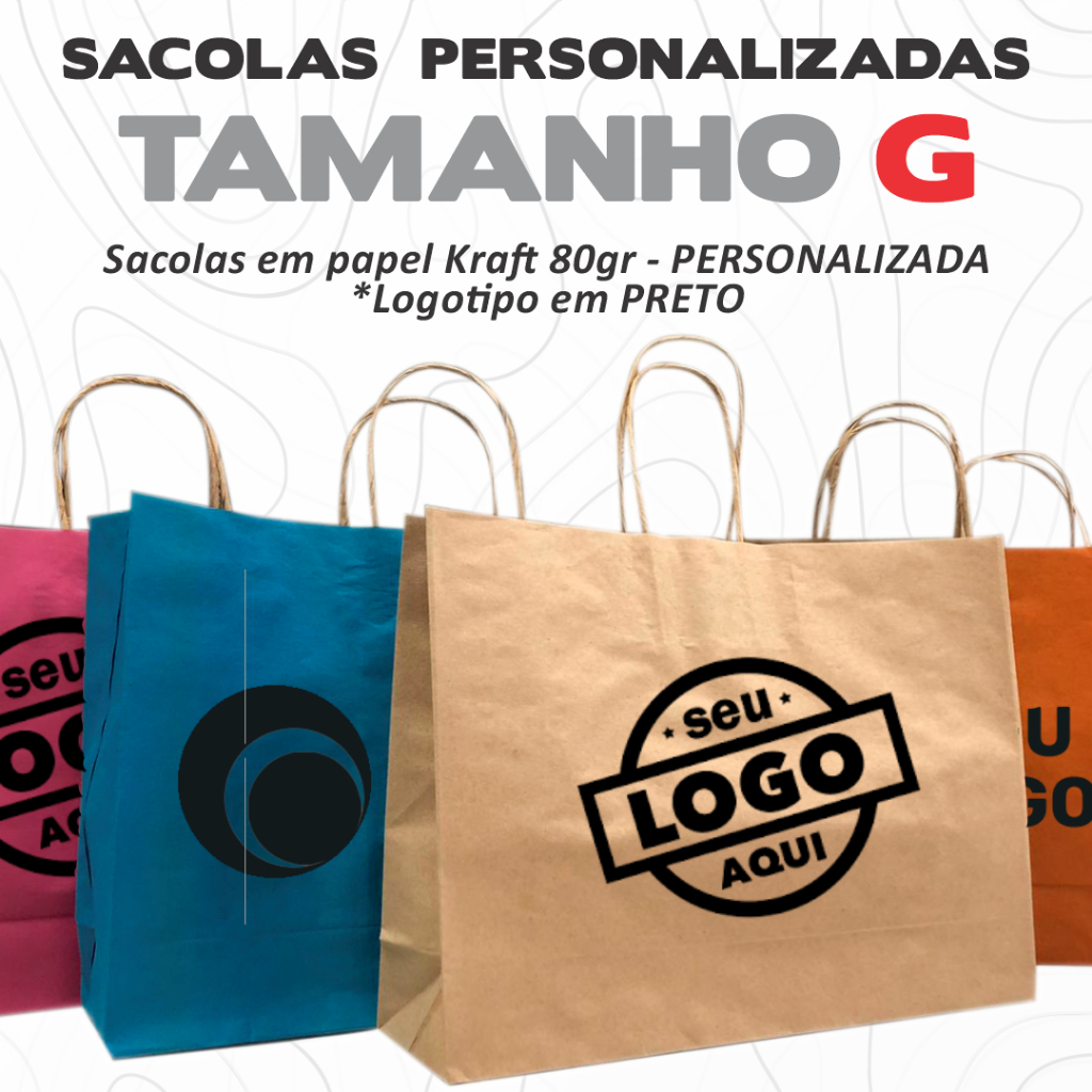 Sacola de Papel Kraft 80gr Personalizada G - 10 UNIDADES – Várias Cores