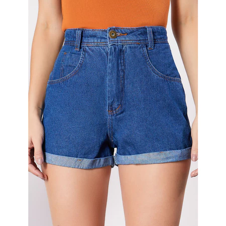 Short jeans Mom feminino cintura alta sem lycra.