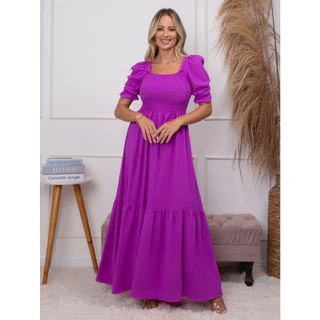 VESTIDO LONGO COM ELATEX NO BUSTO MODA FEMININA MANGA PRINCESA 098