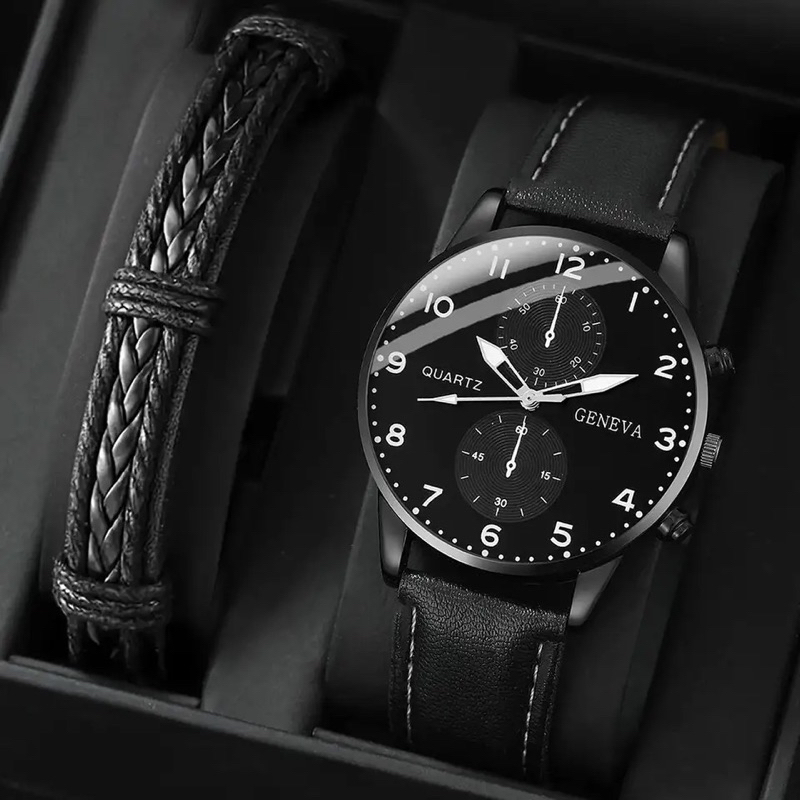 Kit relogio masculino Geneva pulseira de couro sintético com pulseira