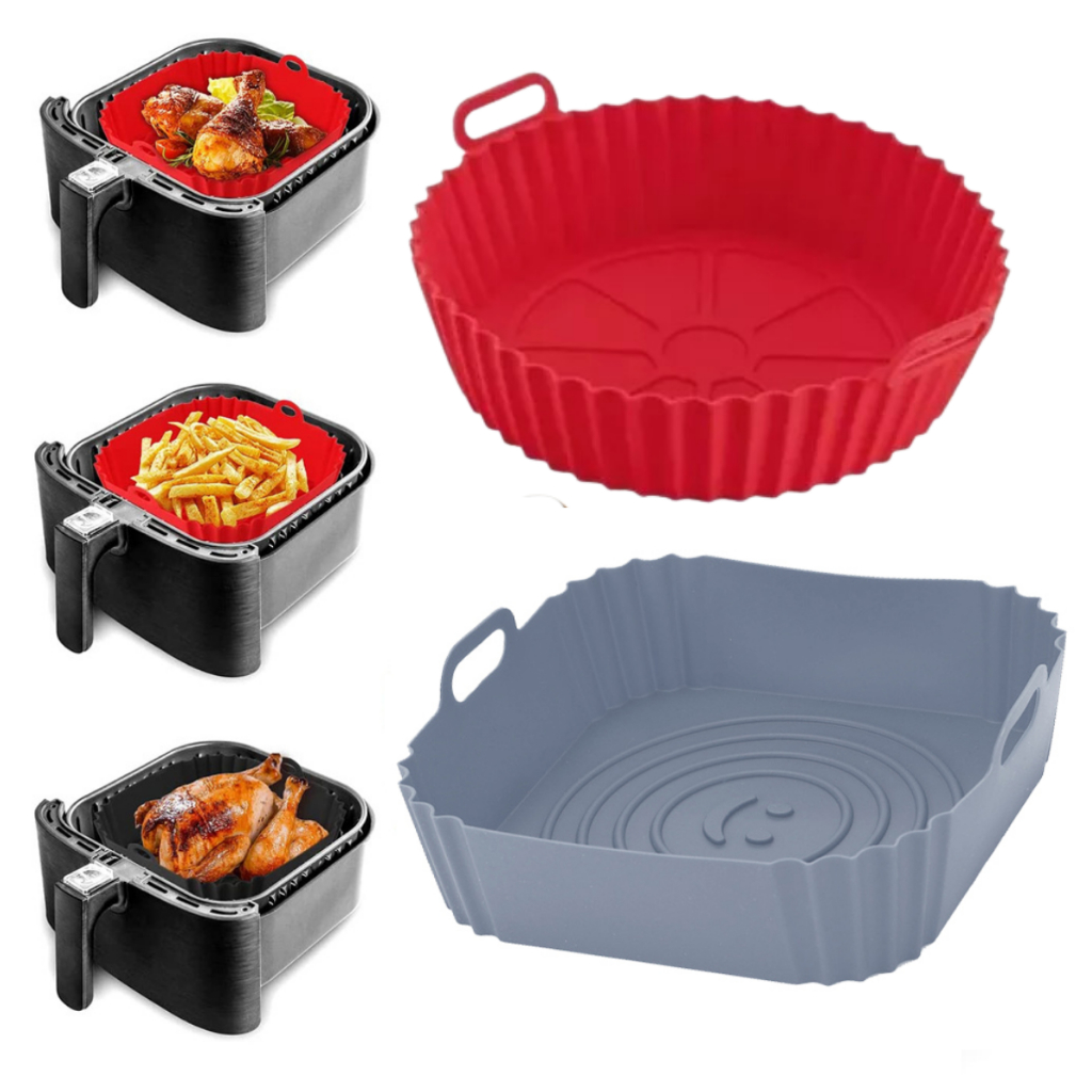 Kit 02 Formas de Silicone Quadrada e Redonda Assadeira Air Fryer e Forno Forma para Fritadeira Elétrica com Alça