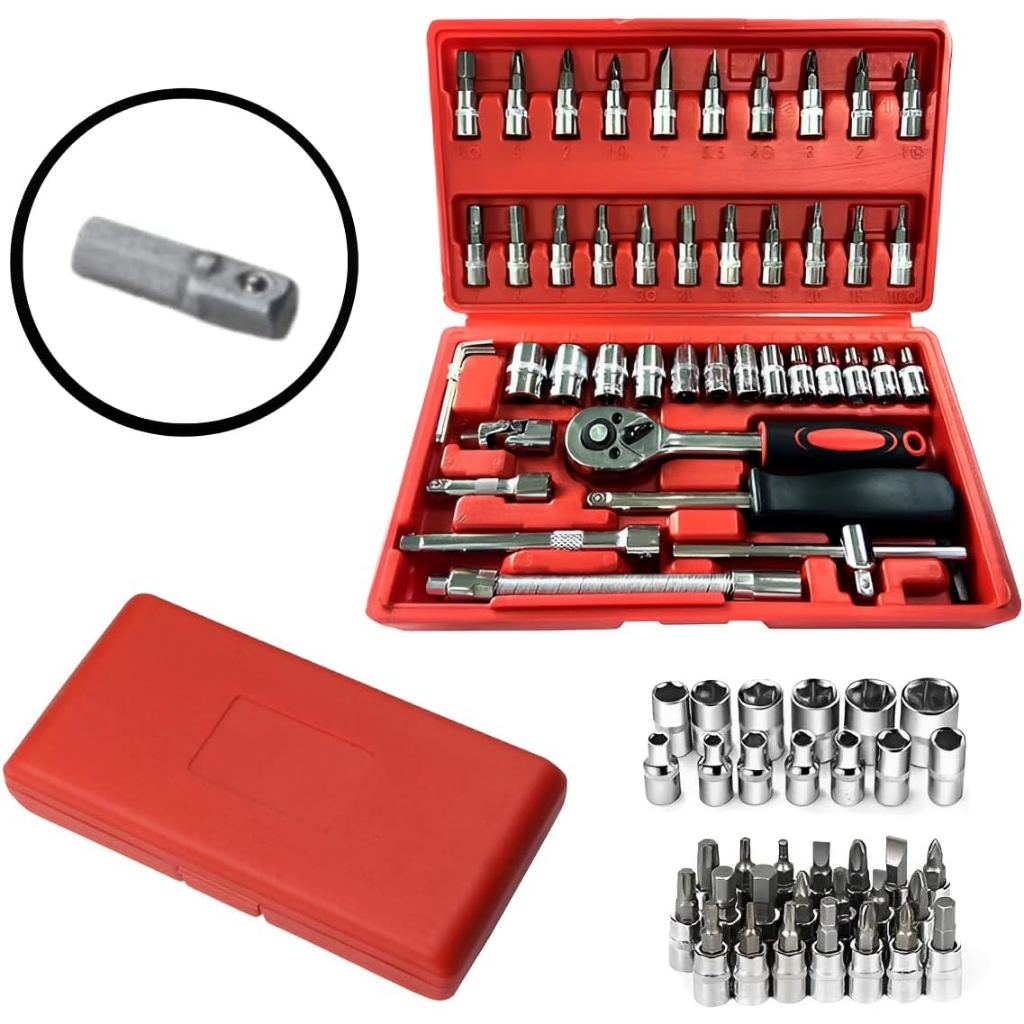 Jogo Conjunto De Ferramentas Chave Catraca Reversível Kit Com Soquetes 46  Peças Combinadas Sextavados Junta Universal Com Maleta Chaves De Boca Para  Reparo Conserto De Carros E Motos LINHA PREMIUM DUPIN