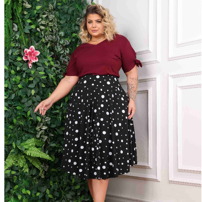 Kit Blusa Laço Manga e Saia Rodada Com Bolso Lateral Plus Size