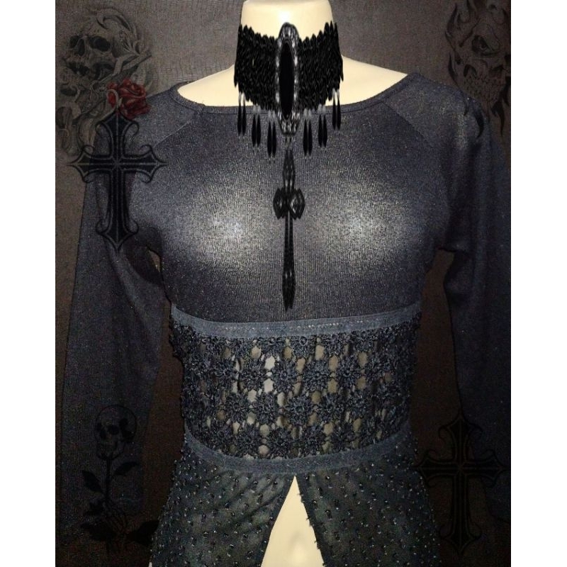 blusa preta (gótica)feminina de renda com tule