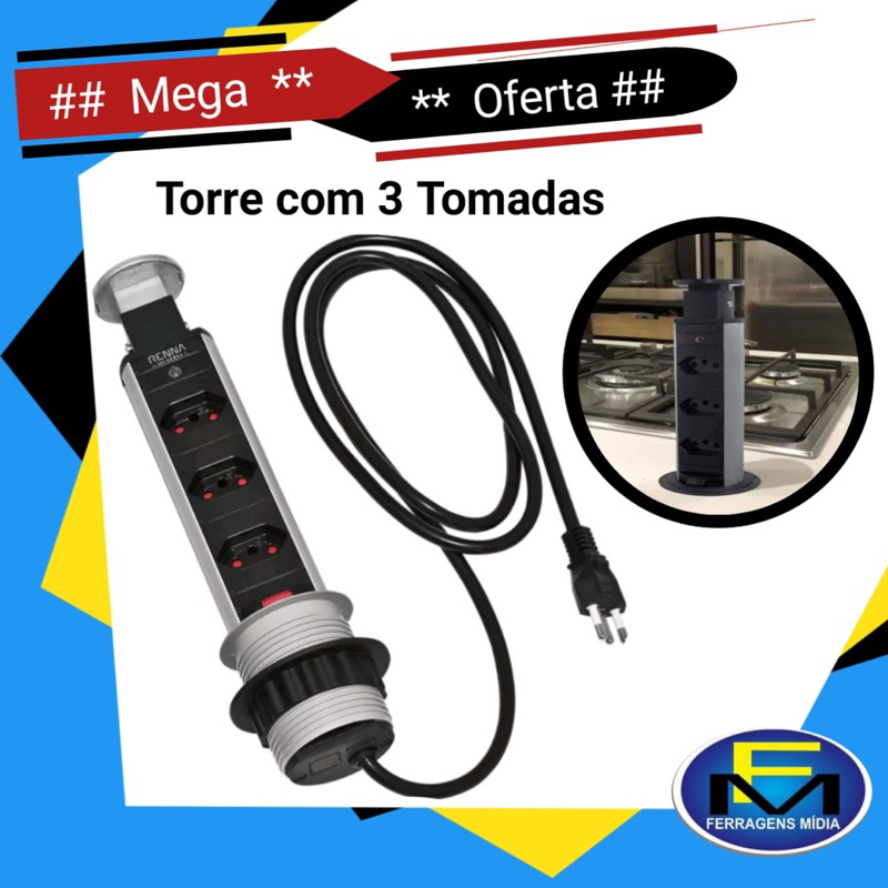 Torre 3 Tomada de Embutir Multiplug Retrata Cabo de 1,5mts 3600W