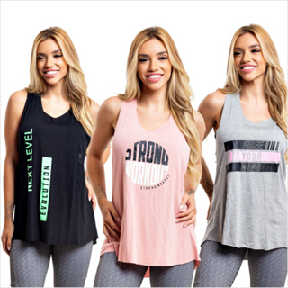 Kit com 3 Regatas Feminina costa nadadora Academia Viscolycra Fitness estampadas 3 cores