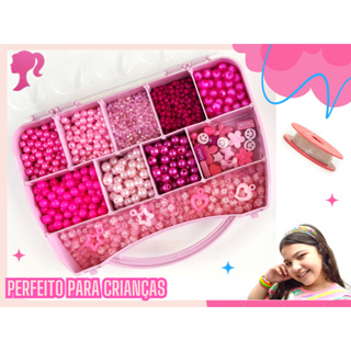 Kit Miçangas Infantil Mini Maleta 2300pçs p/ montar pulseiras, moda filme boneca tons Rosa Pink + Fio Silicone
