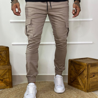 Calça Masculina Cargo Jogger Sarja Jeans Com Elastico Estilo Jogador Slim  Fit Promoção