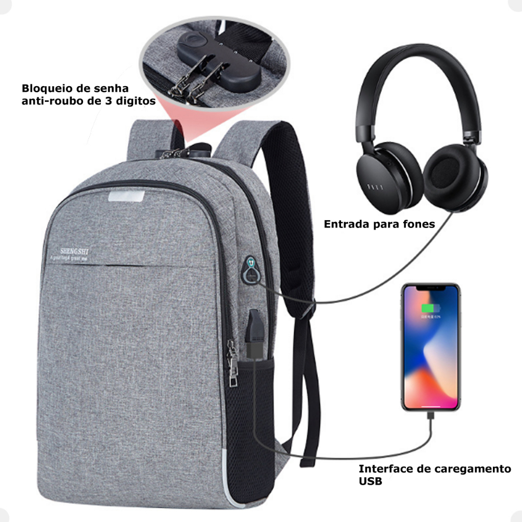 Mochila Bolsa Anti Furto Notebook 15.6"Pol Saída Cabo Usb Fone de Ouvido Lançamento