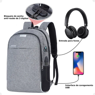 Mochila Bolsa Anti Furto Notebook 15.6"Pol Saída Cabo Usb Fone de Ouvido Lançamento
